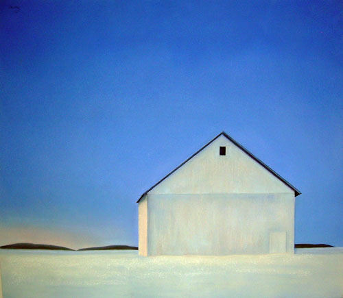 White Barn at Twilight with Snow